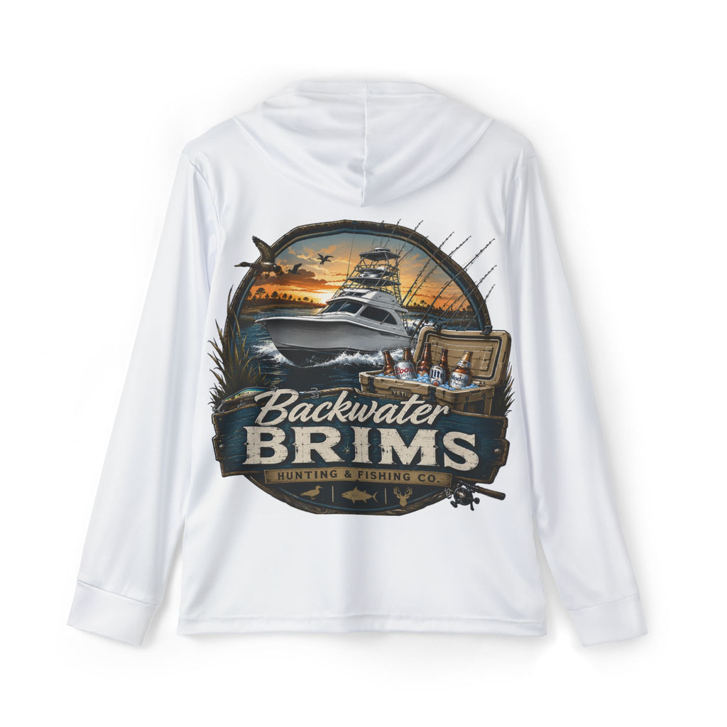 Backwater Brims Fishing Hoodie — Men's Sports Warmup with Boat Graphic