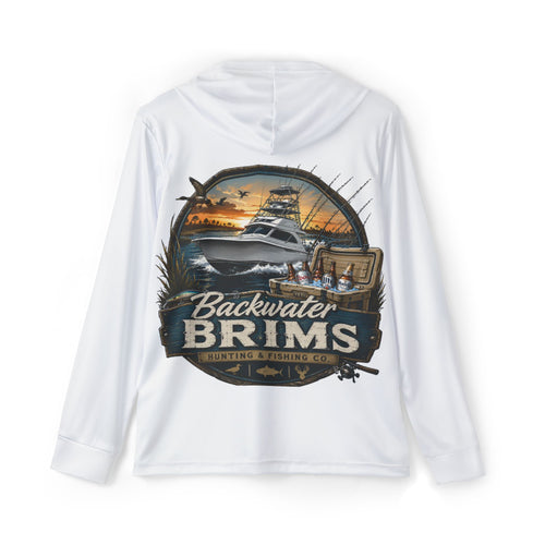 Backwater Brims Fishing Hoodie — Men's Sports Warmup with Boat Graphic