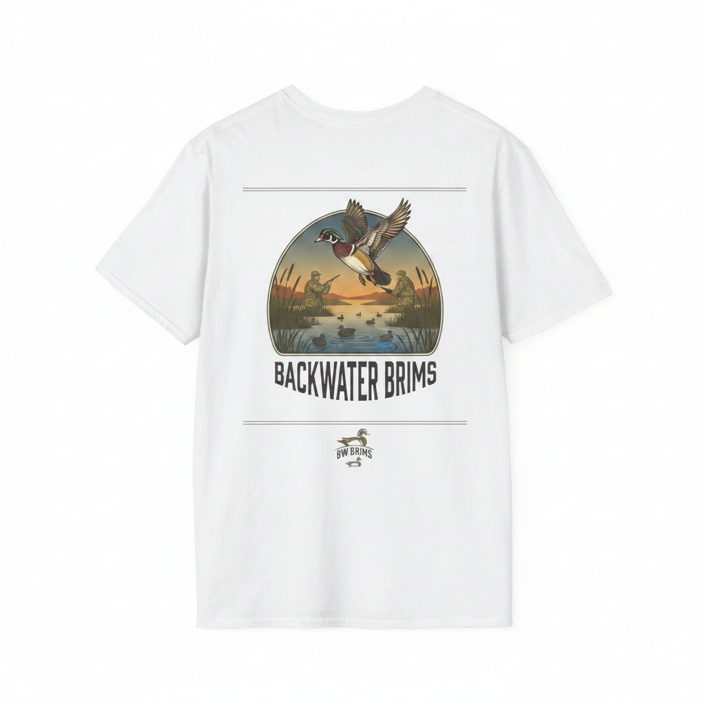 White t-shirt with a duck graphic and 'Backwater Brims' text on a white background