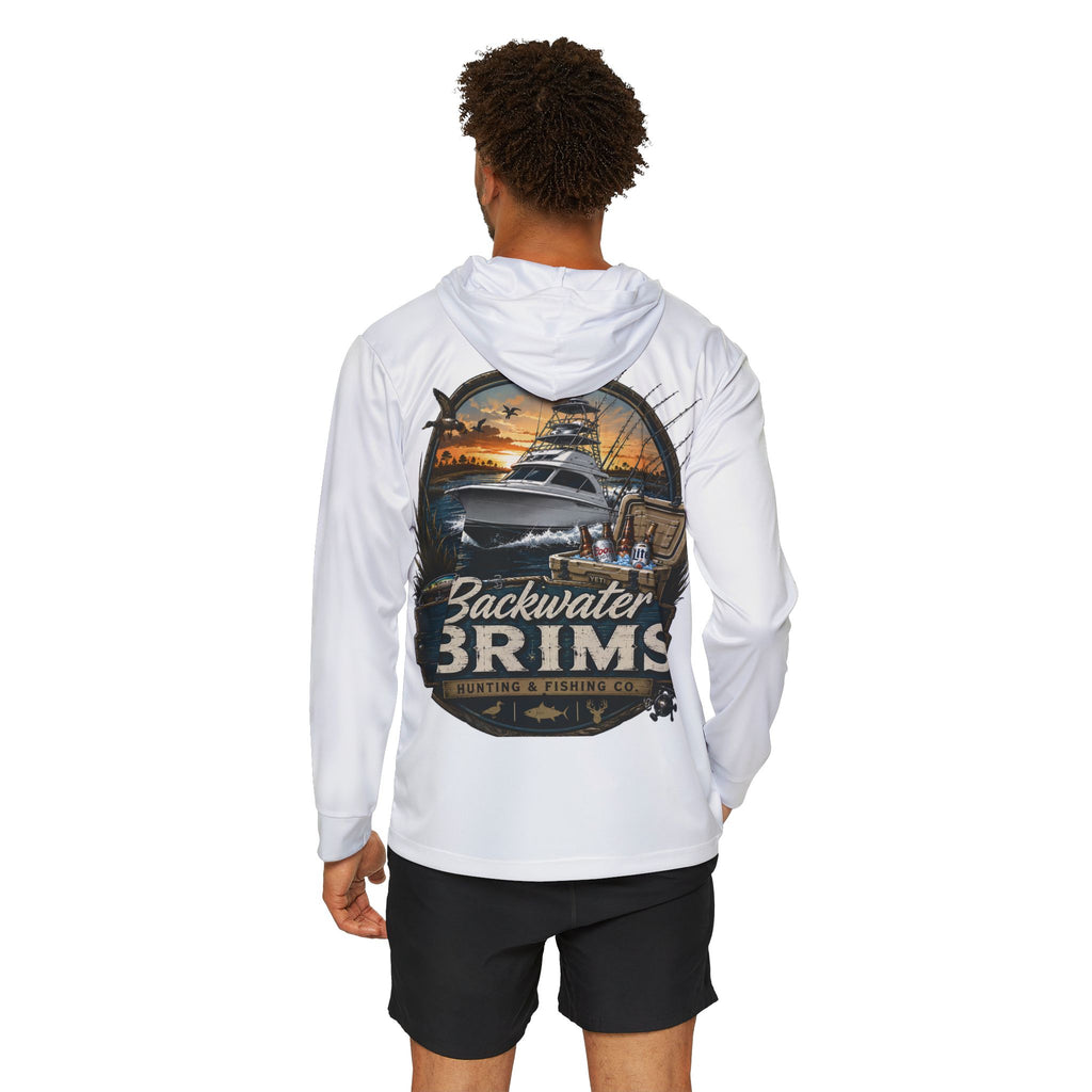 Backwater Brims Fishing Hoodie — Men's Sports Warmup with Boat Graphic